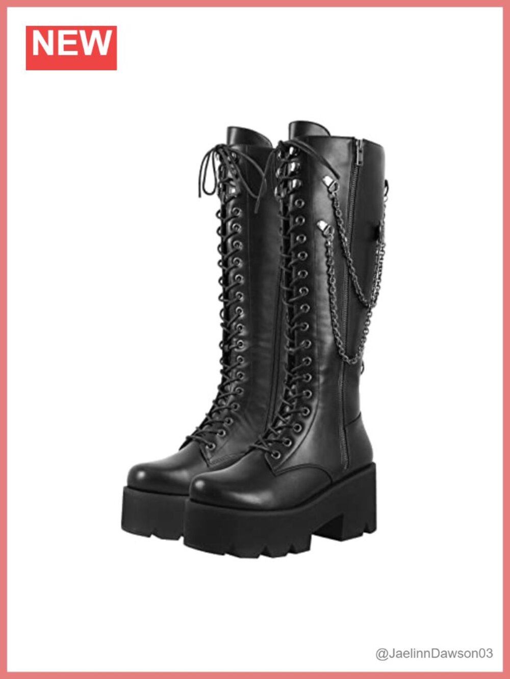 LISHAN Platform Faux Leather Motorcycle Combat Boots Knee High Lace Up Zip